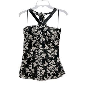 White House Black Market 100% Silk Floral Print Halter Top Beaded Detail 12